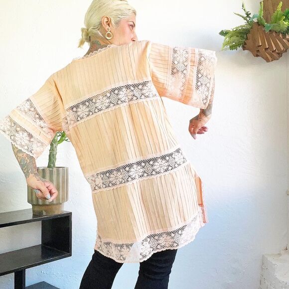 PINTUCKED 70’s 70s Vintage PEACH LACE MEXICAN Tunic Swim Cover Top Blouse Xl XXL - Picture 10 of 10